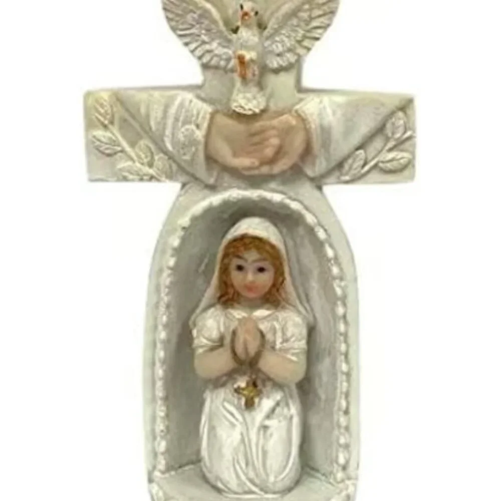 First Communion Praying Girl Inside Cross Figurine Favor Religious Gift